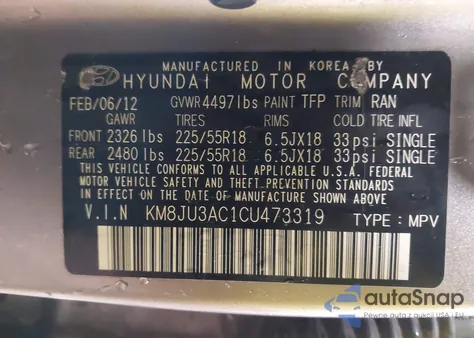 2012 Hyundai Tucson Limited from USA, damaged, VIN KM8JU3AC1CU473319